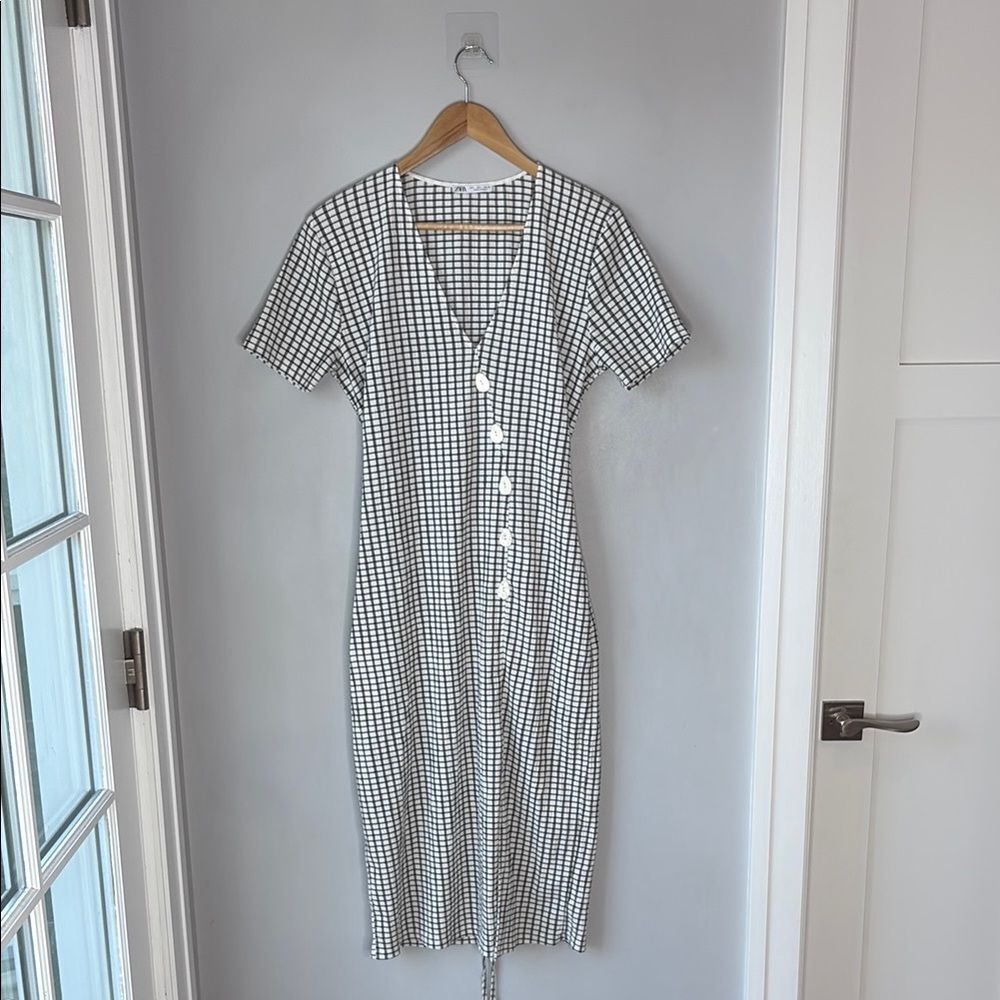 Zara Gingham Plaid Midi Dress Asymmetrical Black White